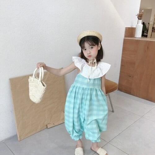 2021 Girls Baby Plaid Overalls Pants Summer Clothing Baby Kids Ruffles Collar Shoulderless Overall Trousers Children Outfits