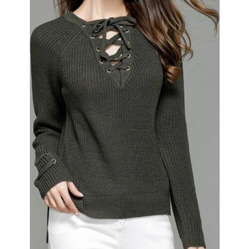 2021 New Sexy Lace Up Knitting Pullovers Tops Fashion Autumn Winter Sweater Women Chic Pink O-neck Knit Slim Jumper Pull Female