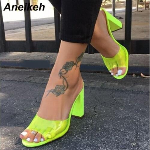 Aneikeh 2021 New Summer PVC Slippers Peep Toe Shallow Mixed Color Square Heel Fashion Classics Women Shoes Zapatos De Mujer Sexy