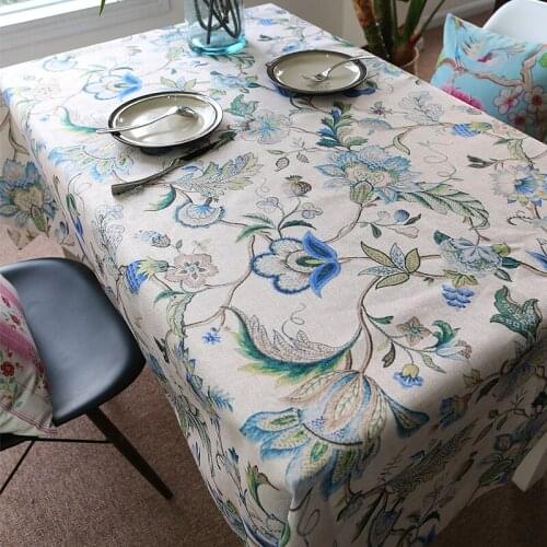 Brand high quality table cloth wedding floral printed woven cotton linen blending customized table cover thicken tablecloth