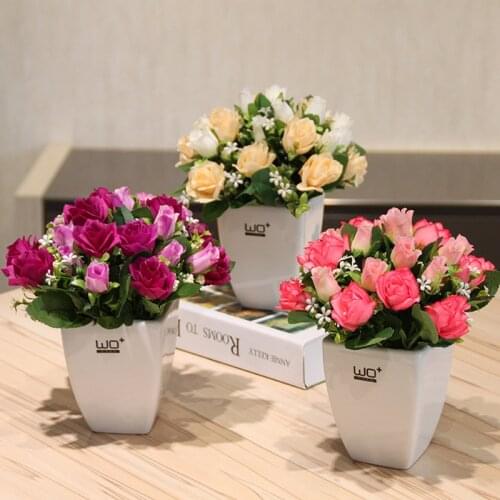 Artificial flowers roses bud Bonsai set artificial Silk flower Ceramic Weave basket vases home wedding decoration accessories