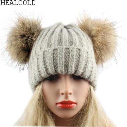 Double Pompoms Fur Hat Women Wool Beanies For Ladies Warm Knitted Skullies Cap Girls Winter Real Raccoon Fur Pompom Hat