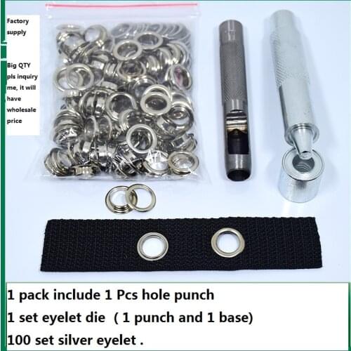 Free Shipping 100 set silver eyelet and Eyelet Punch Die Tool Set for Leather Craft Clothing Grommet Banner - 4mm - 20mm
