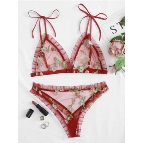 New Fashion Sexy lingerie Women Floral Embroidery Lace See Through Lace Up Triangle Bra Top+Thong Transparent Exotic Sets