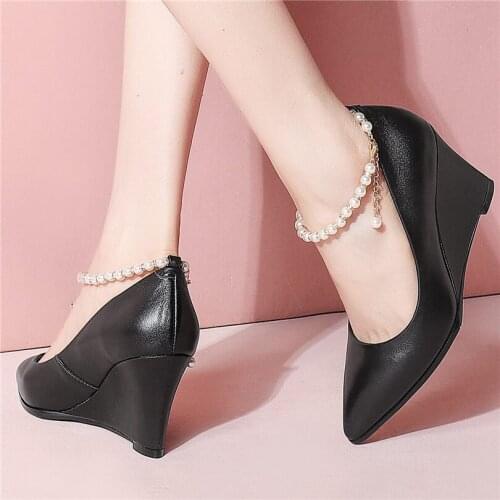Sexy Womens Cow Leather Pointed Toe Party Pumps Wedge Heel Pearls Ankle Strap Wedding Party Shoes 34-42