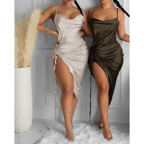 2020 Summer Neon Satin Lace Up For Women Bodycon Long Dress Sleeveless Backless Bandage Elegant Party/Club Outfits Sexy Dressing