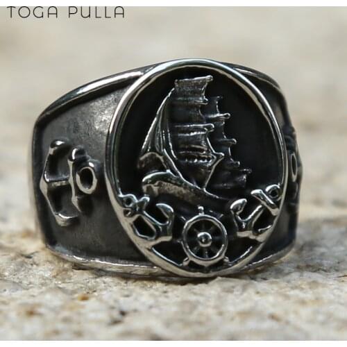 Retro Nordic Viking Pirate Sailboat Punk Gothic Ring Men Women Stainless Steel Anchor Compass Biker Rings Punk Rock Jewelry