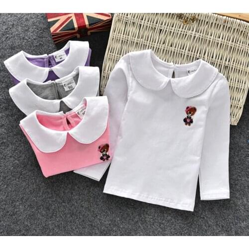 Retail Girls Shirts Baby Clothes Girl Doll Collar Bottoms Shirt Long Sleeve Children Wear Spring Cotton Cartoon Baby T-Shirts
