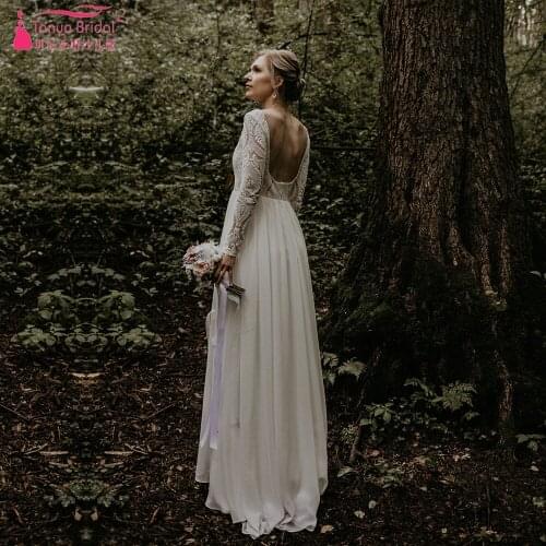 Long Sleeve Lace Wedding Dresses Sexy Backless Boho Bridal Gowns Chiffon Skirts Elegant VestIdo De Noivas ZW464
