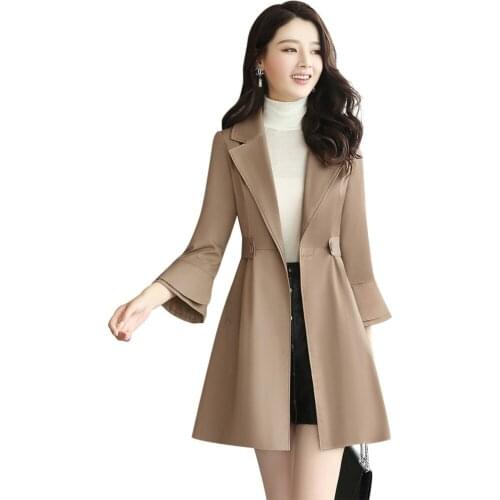 New Women Trench Coat Long 2019 Spring Autumn Casual Fashion Elegant Slim Solid Bell Sleeve Windbreaker Coat Female Outwear Thin