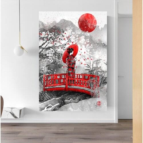 Japanese Geisha And Sushi cat Oil Painting On Canvas Wall Art Poster And Prints Samurai Picture For Living Room Decoration