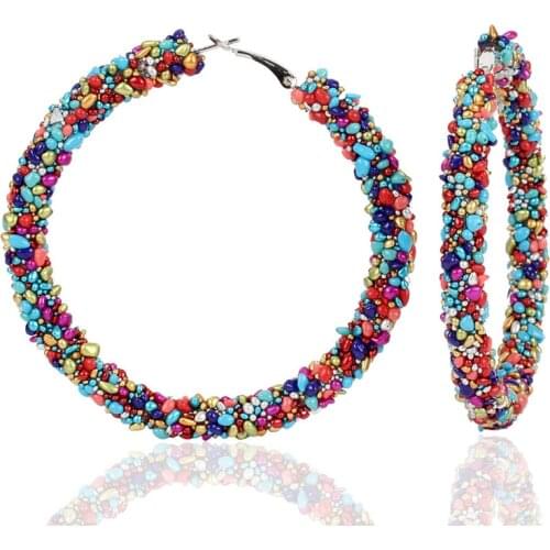 New Big Circle Hoop Earrings Hollow Out Colorful Beads Ear Rings For Women Personality Jewelry Accessories Bohemia Style Pendan
