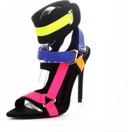 2019 Sexy Open Toe Thin High Heels Women Sandals Mixed Color Ankle Strap Gladiator Metal Decor Pumps Female Party Dress Shoes