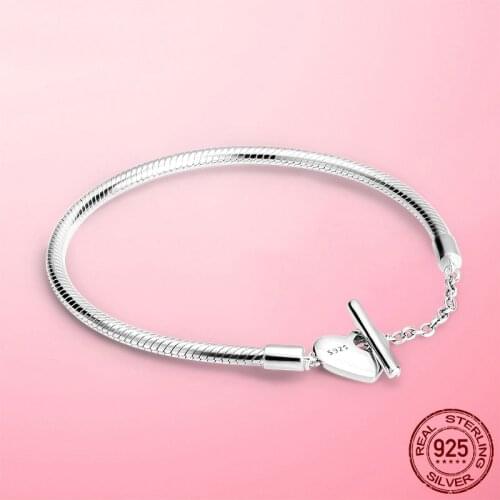 Femme Bracelet 925 Sterling Silver Moments Heart T-Bar Snake Chain Bracelet Bangle for Women Fine Women Jewelry Gift Pulseira