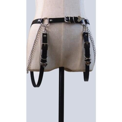 Women Punk Chain Belt Adjustable Black Leather Buckle Belt Metal Chain Waist Strap Street Dance Decorative Waistband Heart belts