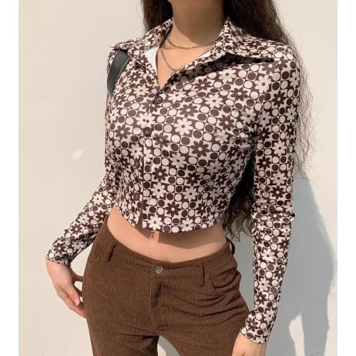 2021 Printed Vintage Brown Crop Tops Women Casual Single-breasted Short Sleeve T-shirt Dress Long Sleeve Korean Cute Outfits