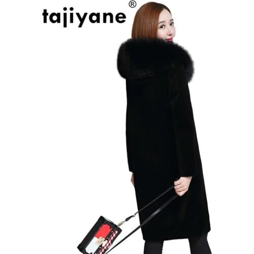 Fur Shearing Sheep Real Fur Coat Fox Fur Collar Women Coat Autumn Winter Wool Sheepskin Women Long Coat Hooded Plus Size ZT225