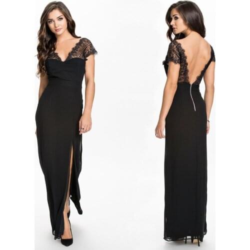 Sexy Backless Long Dress New 2017 Summer Women Dress Deep V-Neck Casual Dress Embroidery Lace Maxi Dress Black Party Dress 0921