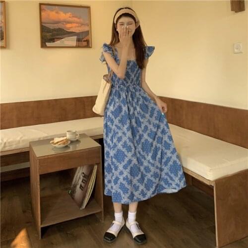 Temperament Square Neck Short-sleeved Floral Dress Female Summer New Style Korean Style Waist Slimming Mid-length Skirt
