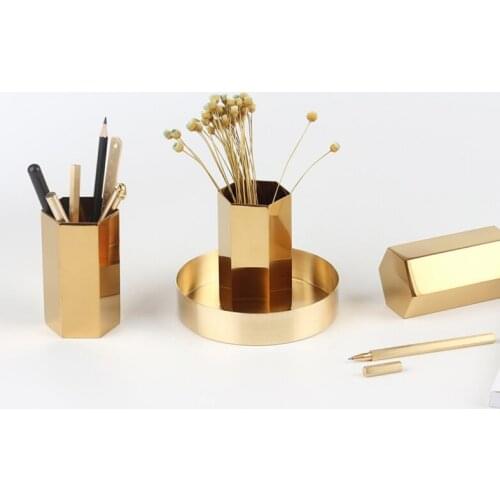 Gold Pen Holder Vase Hexagonal Shape Diamond Makeup Brush Storage Box Organizer