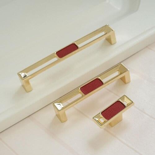 3.75" 5" Golden Square Cabinet Handles Red Leather Drawer Pulls Metal Dresser Knobs Wardrobe Cupboard Handle 96 128mm Hardware