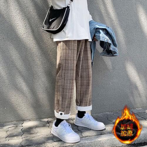 2020 Winter Mens New Keep Warm Woolen Pants Lattice Printing Youth Straight Casual Pants Fashion Trend Loose Trousers S-2XL