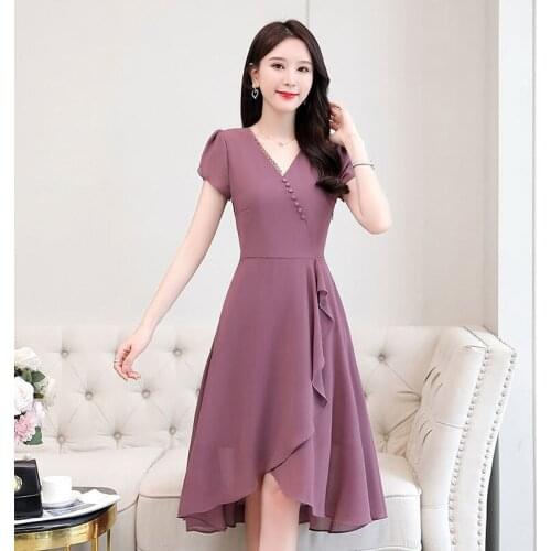 2021 New Summer Clothes Medium Long Round Neck Large Womens Short Sleeve Strap Full Dress Korean Fashion Prom Dresses For Women