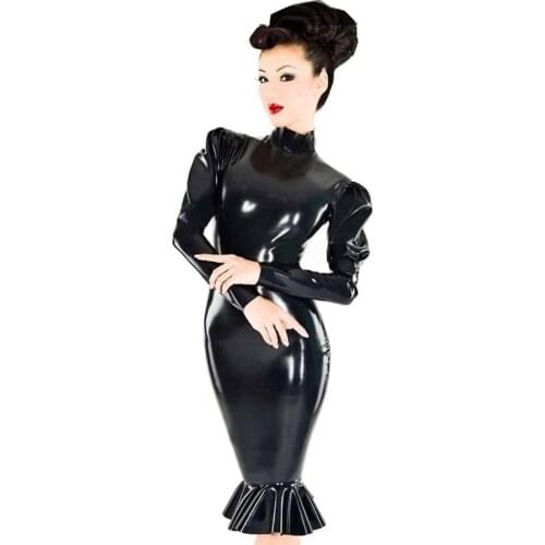 Shiny PVC Leather Dress Mermaid Dresses Plus Size High Neck Long Puff Sleeve Bodycon Midi Dress Nightclub Party Exotic Costumes