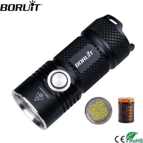 BORUiT BC15 4*XP-G3 LED Flashlight 6-Mode 3000LM Super Bright IPX8 Waterproof Torches USB Rechargeable 26350 Lantern for Camping