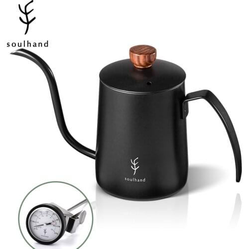 SOULHAND 600Ml Stainless Steel Coffee Kettle Gooseneck Cafe Pot Spout Teapot with Thermometer Pour-Over Drip Kettle Swan Neck