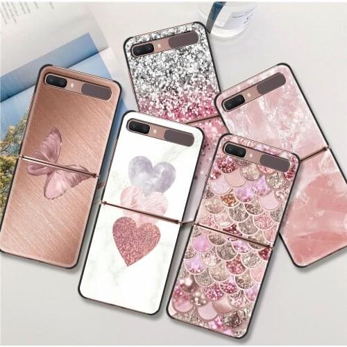 Gold Pink Rose Glitter Hearts Luxury Black Hard Case For Samsung Z Flip Phone Case For Galaxy Z Flip 5G Foldable Cover Capa