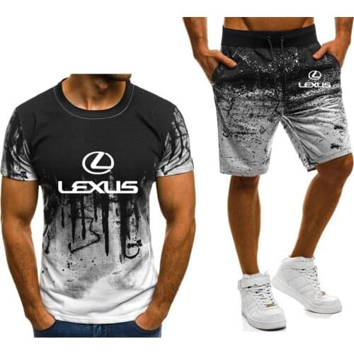 New Styie summer Mens t-shirt and shorts Lexus Car Logo Printed Summer Gradient High Quality Cotton Mens Suit T-Shirt Suit 2Pcs