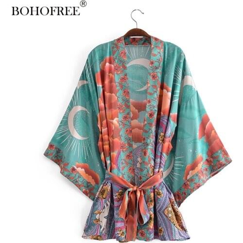 Boho Robes Moon Print Short Open Stitch Cover Ups Rayon Cotton Kimonos Blusas Bohemian Clothing Women