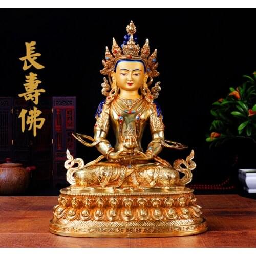 GOOD FIGURE OF BUDDHA HOME EFFICACIOUS TALISMAN HOUSE PROTECTION # 33CM TIBETAN LONGEVITY BUDDHA GOLD-PLATED BRASS STATUE