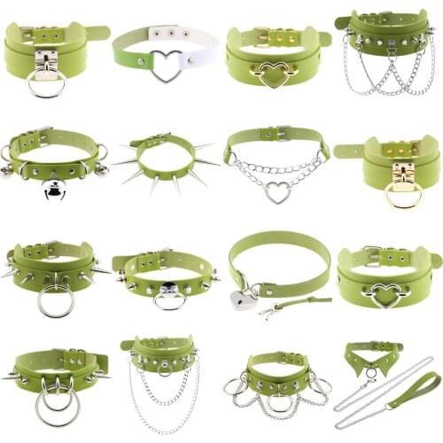 Goth Rock Rivet Pointed Nail Ring Green PU Leather choker sexy Collar Slavery Chains Necklaces for women E girls gothic jewelry
