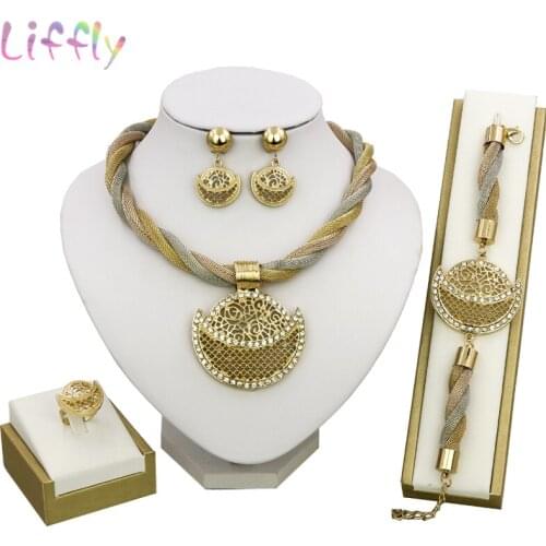 Liffly Nigeria Jewelry Sets for Women Dubai Gold Jewelry Sets Crystal Necklace Earrings Ring Bracelet Fashion Party Jewelry
