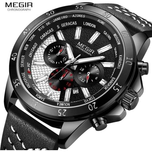 MEGIR Mens Chronograph Quartz Sports Watches Leather Band Army Waterproof Luminous Wristwatch Man Relogios Masculino 2103 Black
