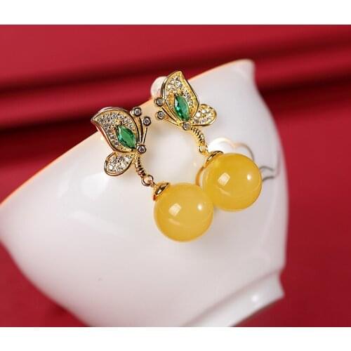 Natural 925 sterling silver gilt butterfly round beads amber retro temperament amber women earrings 925 earrings