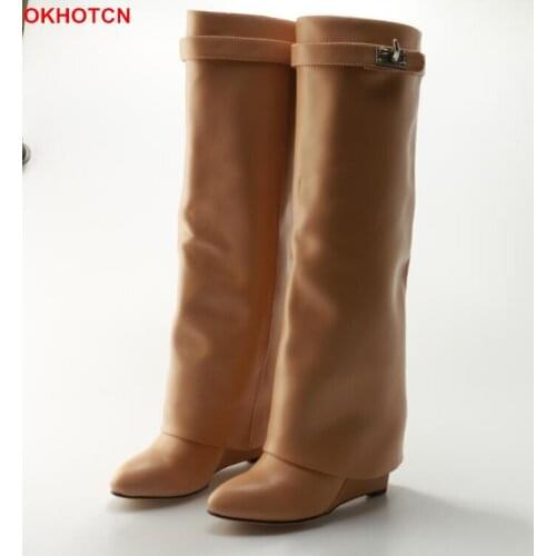 OKHOTCN Metal Shark Lock Suede Hidden Wedge Women Boots Height Increasing Fold Knee High Boots Women Riding Boots Big Size Bota