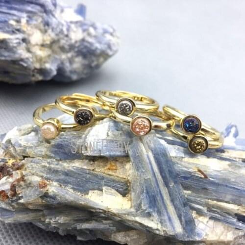 RM4771 10Pcs Peach, Aqua Aura, Titanium Gold, Titanium Black Druzy Crystal Pure Gold Color Circle Ring Copper Ring Adjustable