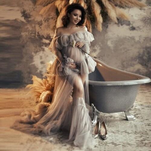 Sexy See Thru Women Long Robes Maternity Dress For Photo Shoot Pretty Ruffled Tulle Maternity Robes Baby Shower for Photography