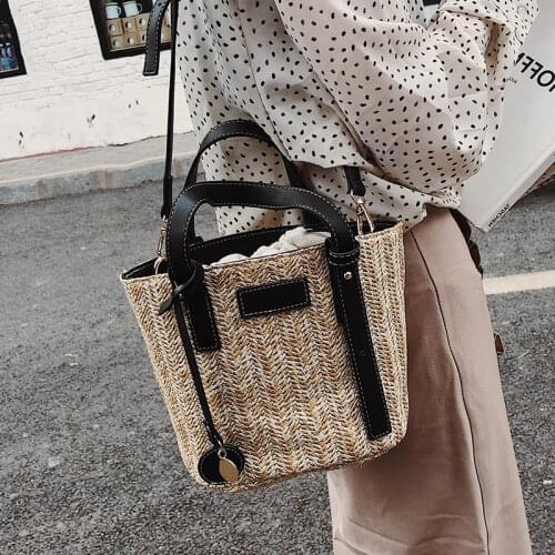 Womens Handbag Drowstring Straw Beach Bag Summer Woven Bucket Crossbody Shoulder Bags Bohemian Female Handmade Rattan Tote