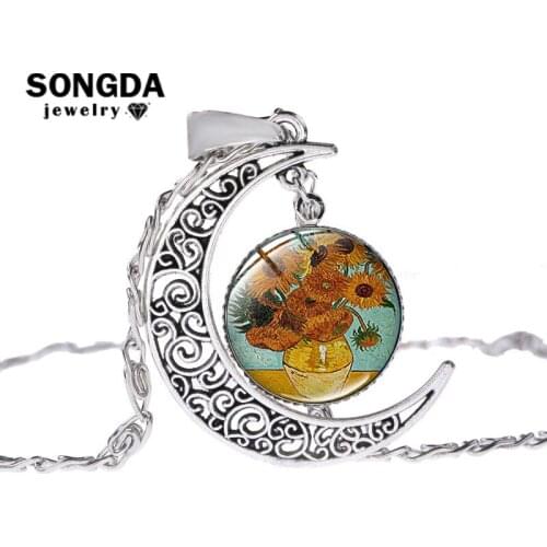 SONGDA Vincent Van Gogh Art Oil Paintings Necklace The Starry Night Sunflower Half Moon Pendant Handmade Glass Cabochon Jewelry