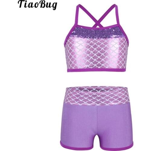 TiaoBug Fashion Summer 2Pcs Kids Girls Bikini Outfit Swimsuit Sleeveless Sequins Mermaid Scales Printed Tank Top With Bottoms