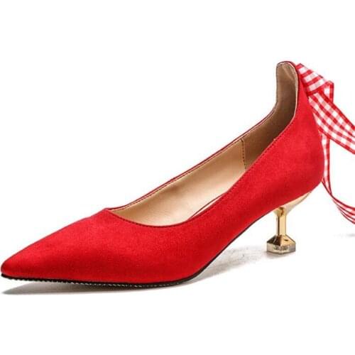 Women Shoes Basic Pointed Toe Pumps Casual metal button Flock Slip-On Shallow Lace-Up Wedding Party 5CM Thin High Heels Shoes