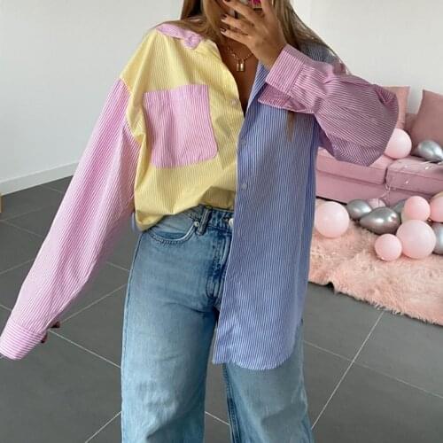 2021 Fashion Striped Patchwork Lady Shirt Women Long Sleeve Turn-Down Collar Loose Blouse Holiday Spring Autumn Casual Tops