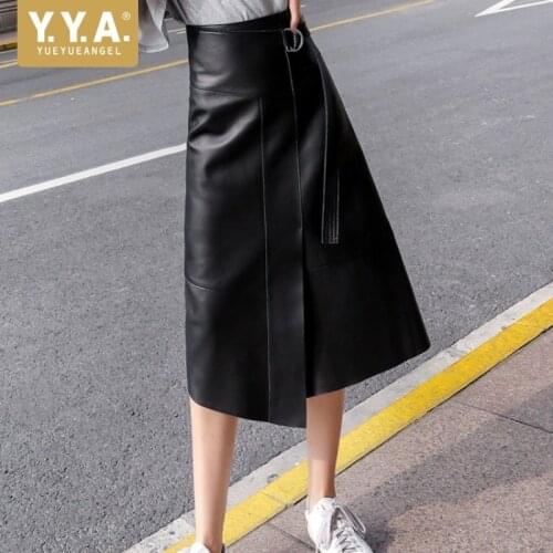High Waist Genuine Leather Split Wrap Skirts Women Street Sashes Irregular Midi Skirts Luxury Sheepskin Slim Fit Casual Skirt
