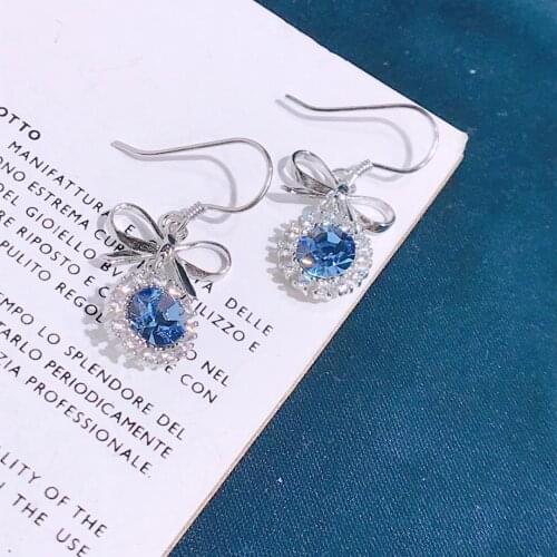 S925 Sterling Silver Blue Crystal Tassel Women Dangle Earrings Sun Flower Crook Stud Ear Hook Shiny Zircon Bow Eardrop Bowknot