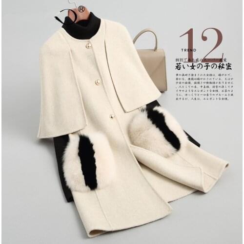 Winter Women Double Side Wool Coat Female Jacket Sleeveless Long Woolen Coats with Fox Fur Pocket Abrigo Mujer MY