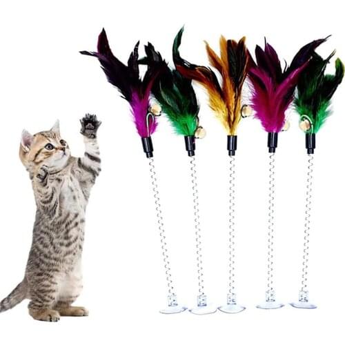 1Pcs Cat Toys Feather Funny Pet Products Bottom Sucker Elastic Cat Toy Pet Supplies Decor Interactive Supplies Random Color